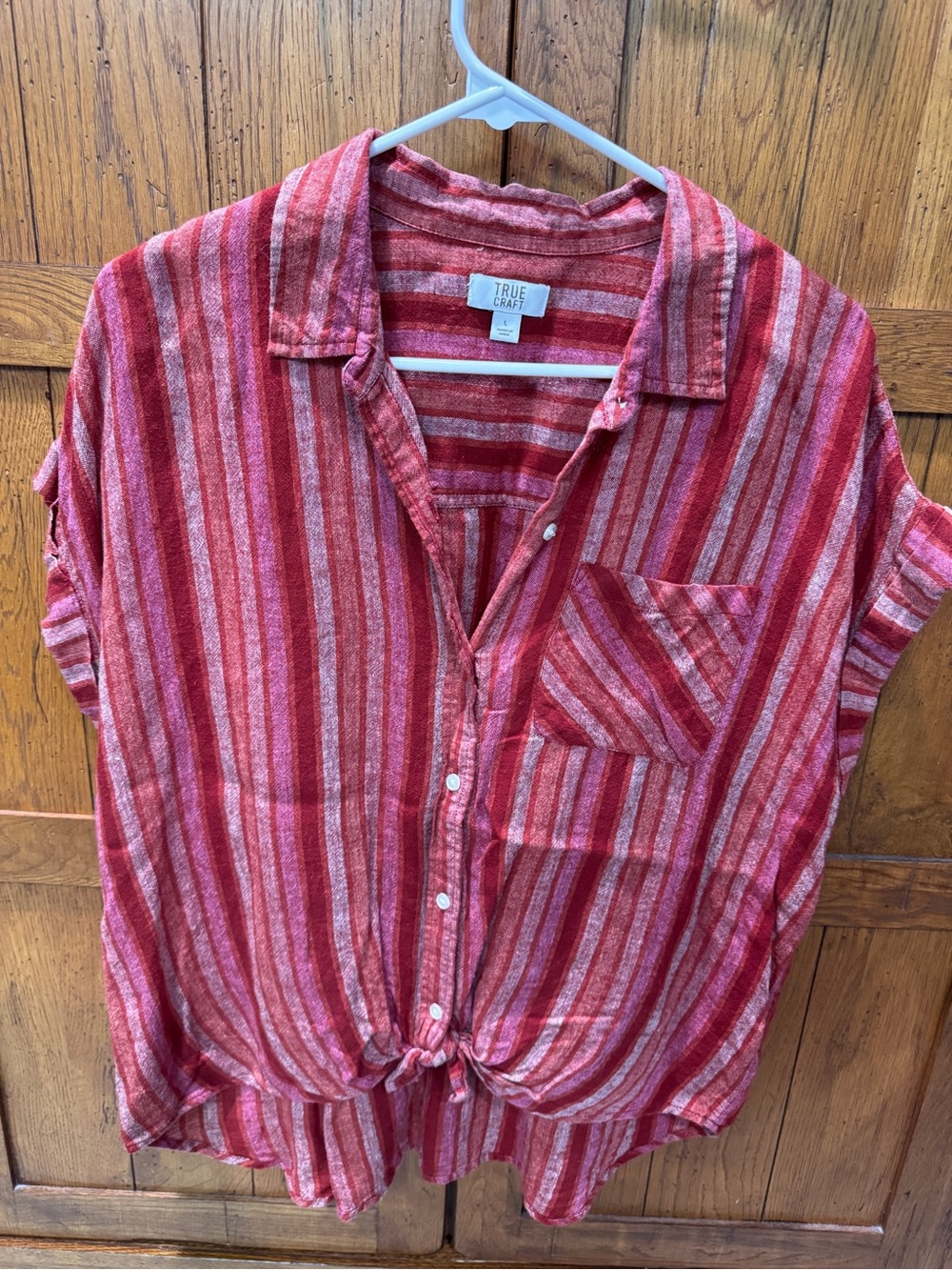 True Craft Red & Pink Striped Button-Front Tie-Hem Top